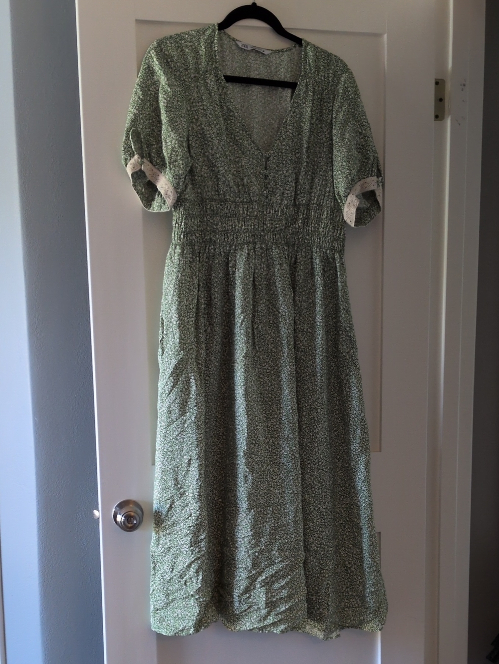 Zara Green Floral Maxi Dress with Smocked Waist